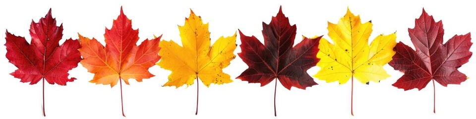 Fototapeta premium Collection of Autumn Maple Leaves in Red, Yellow and Orange Colors. Isolated Set of 5 Leaves