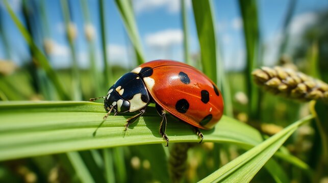 leaf ladybug coccinellidae insect beetle nature macro red summer animal small spotted closeup plant green grass spring on flower nobody colours multi outdoors beauty background vib