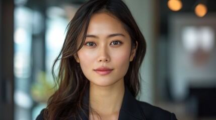 confident businesswoman of East Asian descent, facing the camera with determination and poise