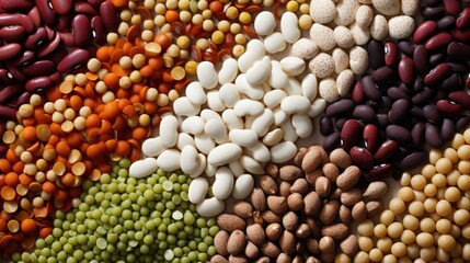 Fototapeta premium Legumes and beans. Dried, raw and fresh. Lentils, chickpeas, 