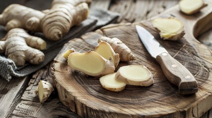 Close-up of fresh ginger and a small knife on a wooden board, old table surface