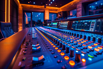 dj mixer at club,
 Inside a modern sound recording studio. Behind