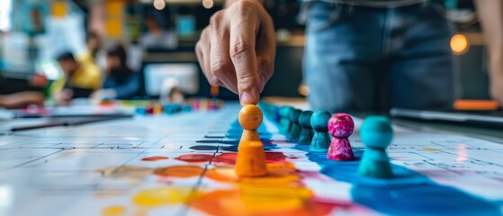 Close-up of hand placing game piece on a colorful board game, with blurred background showing focused players in the scene.