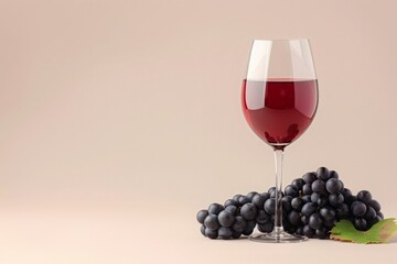 Wine red glass and bunch black grape on a light background. Realistic image alcohol drink for invitation to a party, promotional products wine shop or wine tasting concept.