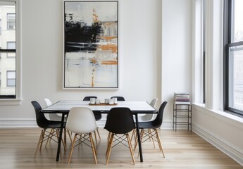 Modern dining table with black chairs in white room, featuring an abstract painting on the wall and...