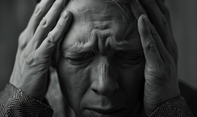 Fototapeta premium A person with a headache, holding their temples in discomfort, showing signs of pain and distress.