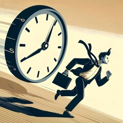 This compelling illustration depicts a businessman in a frantic sprint against a massive clock, symbolizing the relentless pressure of time in modern life