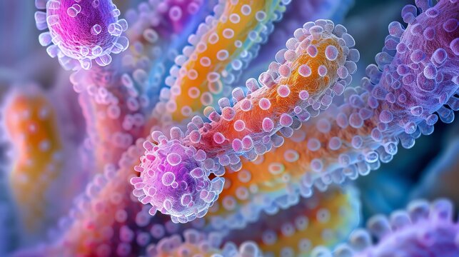 High detail microscopic view of Bordetella pertussis causing whooping cough, intricate cellular structure, vibrant colors