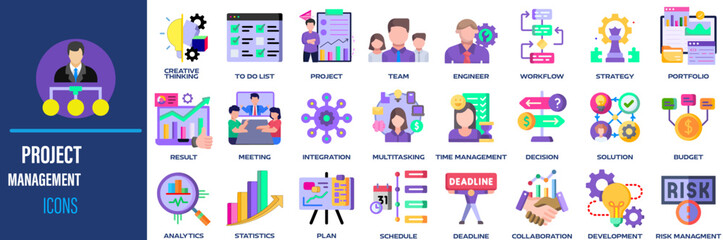 Project Management Icon Set: Teamwork, Planning, Strategy, creative thinking, to do list, project, team collaboration, workflow, portfolio, management icon Vector illustration. Solid icons collection 