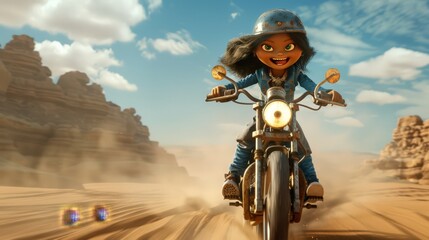 Naklejka premium Amidst the vast expanse of the desert, a cheerful doll revs up her motorcycle, her laughter echoing across the barren landscape as she embarks on an adventure like no other.