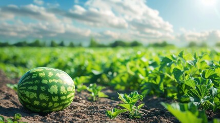 Watermelon Image in a Melon Field During Summer with Copy Space