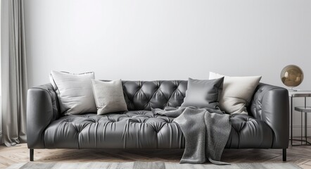 Modern gray leather sofa with pillows and blanket in empty living room interior mockup