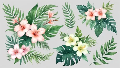 Fotobehang Watercolor of Tropical spring floral green leaves and flowers s isolated on transparent png background, bouquets greeting or wedding card decoration, with Generative Ai © Abeeha