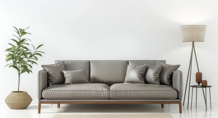 Modern gray leather sofa with matching side table and floor lamp against white wall