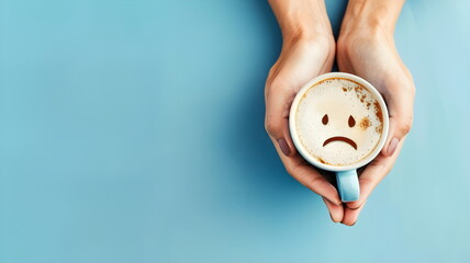 Closeup woman hands holding coffee cup with sad face drawn on coffee isolated on blue background