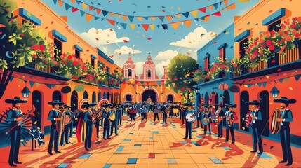 Obraz premium Colorful vector illustration of a Cinco de Mayo celebration in a plaza, with a mariachi band, dancers, and festive decorations all around Generative AI