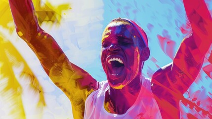 A close-up of a runner's joyful expression as they cross the finish line, illustrated with vibrant colors and space for copy