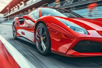 High performance sports car racing on track, close up shot with ample space for text overlay