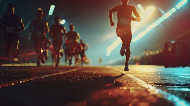 A high-quality image of a marathon race with runners sprinting towards the finish line, highlighted by professional lighting and copy space