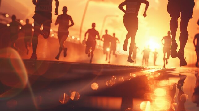 A high-quality image of a marathon race with runners sprinting towards the finish line, highlighted by professional lighting and copy space