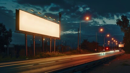 Blank billboard on an empty road at night, bathed in the glow of streetlights, tranquil nighttime scene