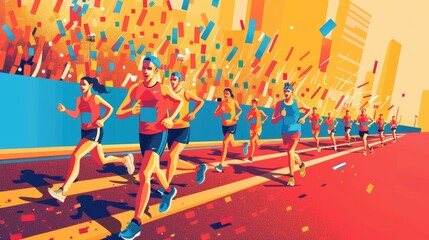 A detailed illustration of a marathon event showing runners crossing the finish line, capturing the spirit of the race with space for text