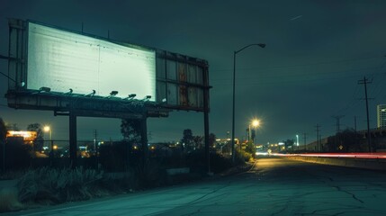Blank billboard on an empty road at night, bathed in the glow of streetlights, tranquil nighttime scene