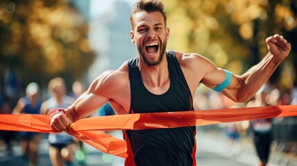 A high-resolution image of a runner breaking the finish line tape, showing feelings of triumph and joy, with space for promotional text