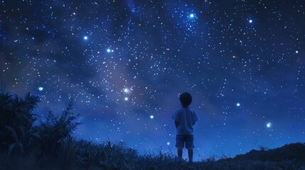 Fototapeta premium As he gazes up at the starry night sky, the school boy is filled with a sense of wonder and possibility, his imagination soaring to new heights as he envisions worlds beyond his wildest dreams.