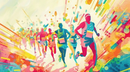 An illustration of marathon runners reaching the finish line, filled with vibrant colors and emotions, with plenty of space for text