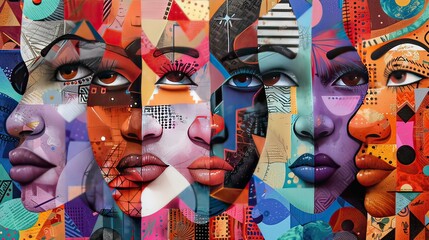 Abstract collage of diverse faces, mixed with geometric patterns and organic textures, vibrant and contemporary