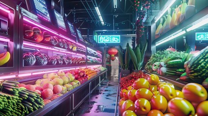 A futuristic market with holographic price tags on fruits and vegetables, neon accents, 3D rendering, sci-fi