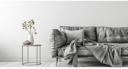 Modern gray leather sofa with side table and throw blanket in white room