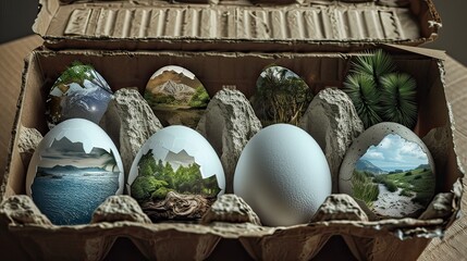 Create a photo realistic macro image of an open cardboard carton with six white eggs. Each one is cracked in half revealing the contents within. Within each egg is a different miniature biosphere: