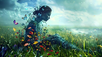 Create an image of a woman made entirely of glass, filled with water and colorful tropical fish, sitting alone in a grassy meadow