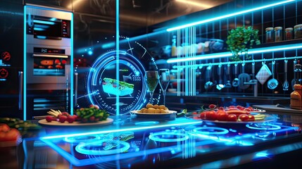 A holographic food display in a futuristic kitchen, glowing interface, neon blue, 3D rendering, high-tech