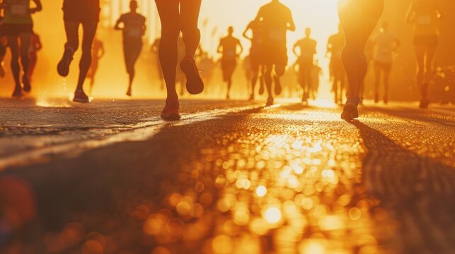 A high-quality stock photo of marathon runners nearing the finish line, captured with professional lighting and space for promotional text