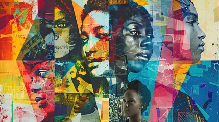 Abstract collage of diverse people, layered with colorful textures and geometric shapes, modern and inclusive