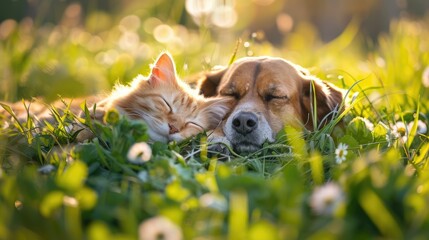 A dog and a cat are sleeping in the grass. The dog has its paw around the cat. They are both very...