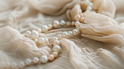 Elegant Pearl Necklace on Soft Beige Linen Fabric, Serene and Classy Concept for Branding