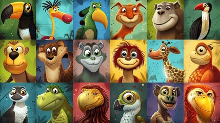 Cartoon silly animals collage, wide variety of obvious animals that a child would think are fun