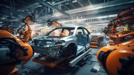 Fototapeta premium robotic is assembling cars in a factory 