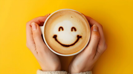 Closeup woman hands holding coffee cup with smile face drawn on coffee isolated on yellow background