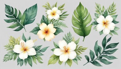 Fototapeta premium Watercolor of Tropical spring floral green leaves and flowers s isolated on transparent png background, bouquets greeting or wedding card decoration, with Generative Ai