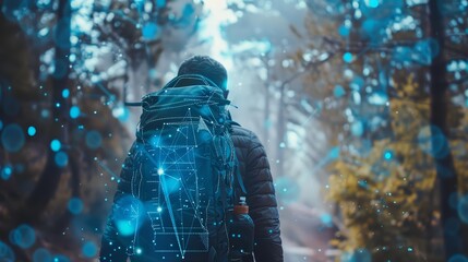 A backpacking journey mixed with the determination of a successful entrepreneur, enhancing the visual with a hitech, holographic concept, and a blurry background