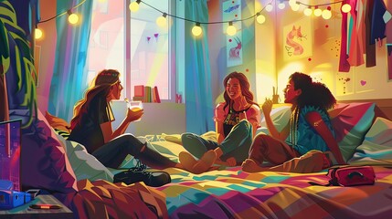 Friends sitting on dorm beds, laughing and decorating, cozy atmosphere, illustration, vibrant