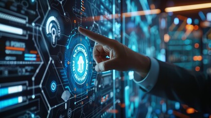 A close up of a businessman pointing at a cybersecurity icon