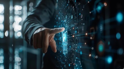 Fototapeta premium A close up of a businessman pointing at an AI chatbot icon
