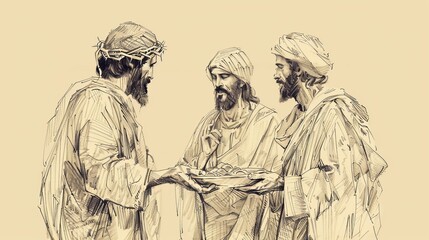 Fototapeta premium Biblical Illustration of Jesus Feeding His Disciples After Resurrection, Ideal for article