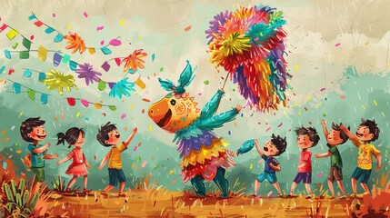 Detailed cartoon vector of children hitting a piÃ±ata at a Cinco de Mayo party, with candy and treats spilling out as they celebrate Generative AI